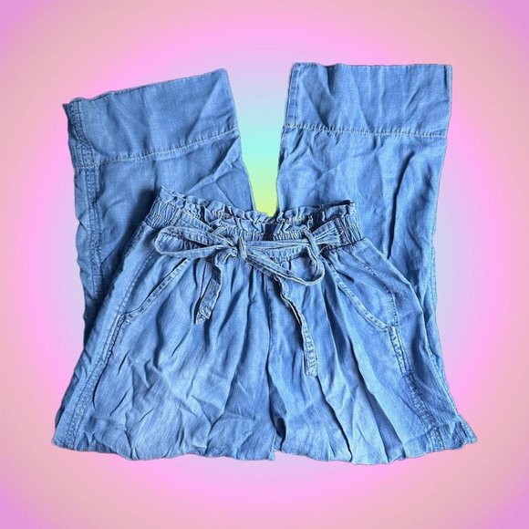 Blue flowy wide legged pants with pockets & tie - Picture 1 of 4